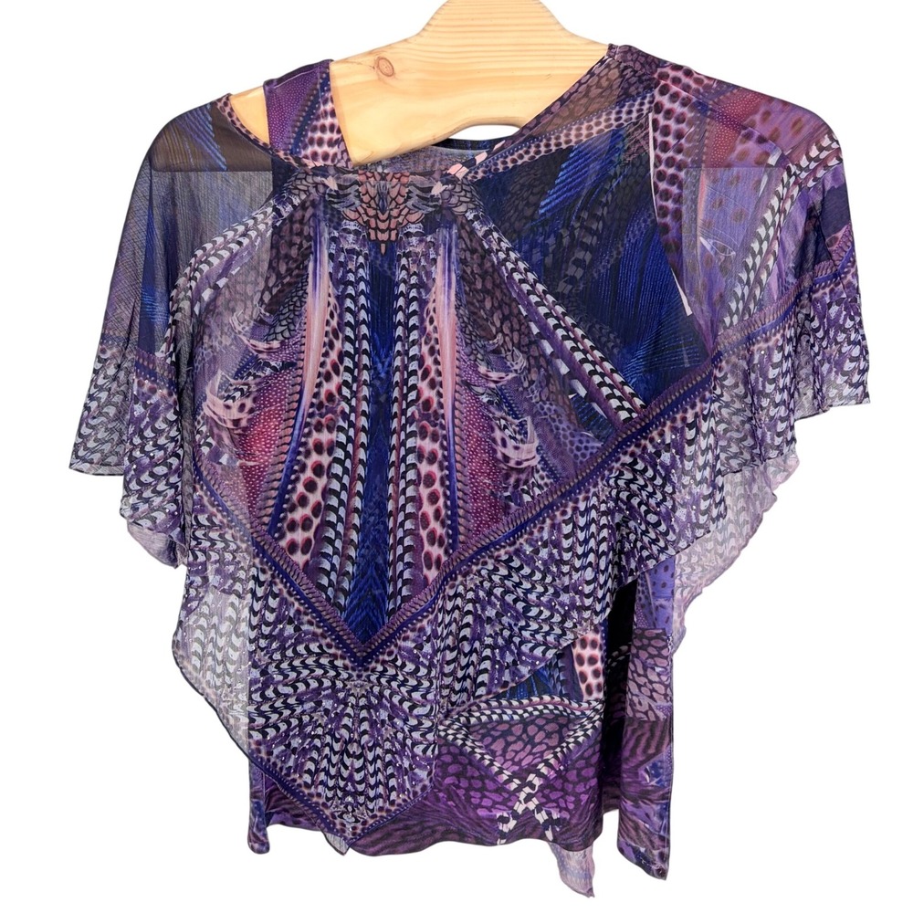 One World Capelet Tank Top 1X Purple Multi Animal Feather Print Boho Layered